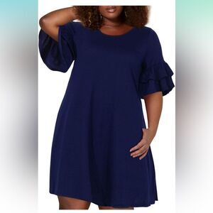 NWT Nemidor navy blue Ruffle Sleeve Jersey Knit Plus Swing Dress w/ Pocket Sz 20